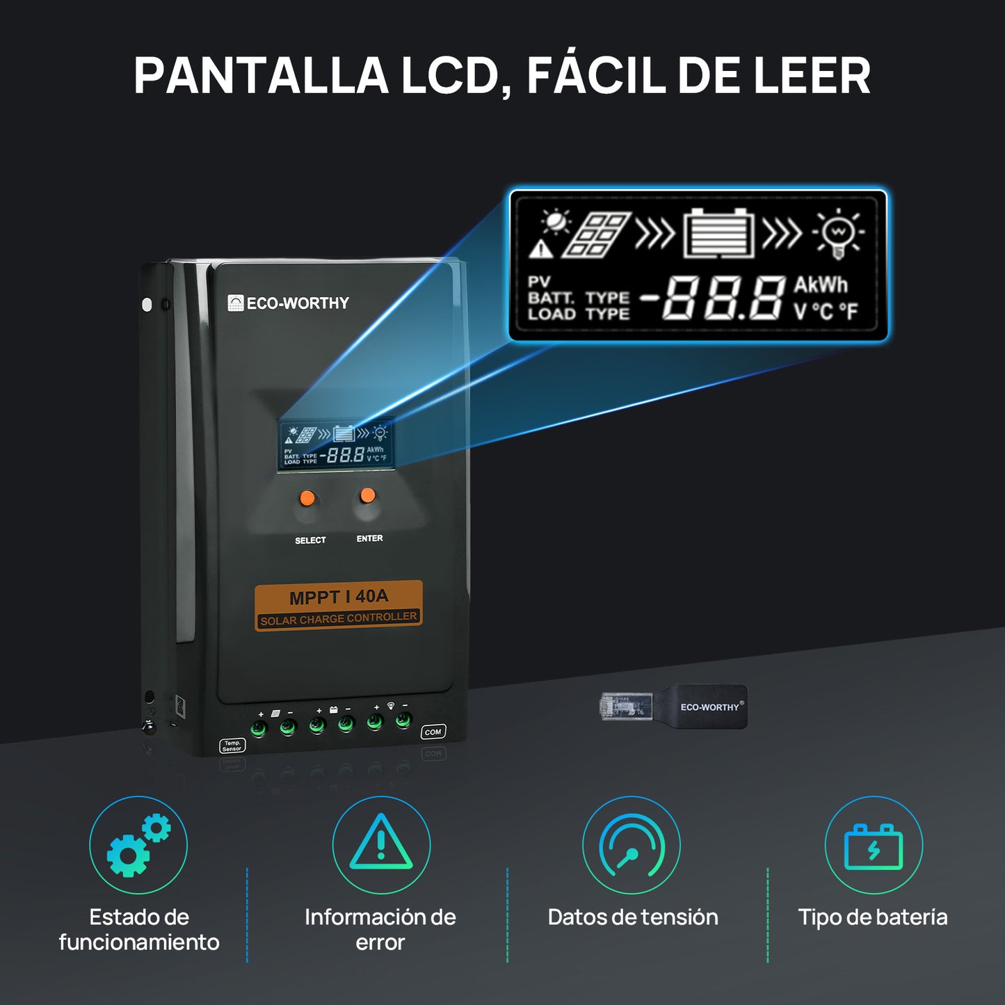 Regulador de Carga MPPT - OLED 12/24V 40A - Regulador de Carga - eco - worthy - es
