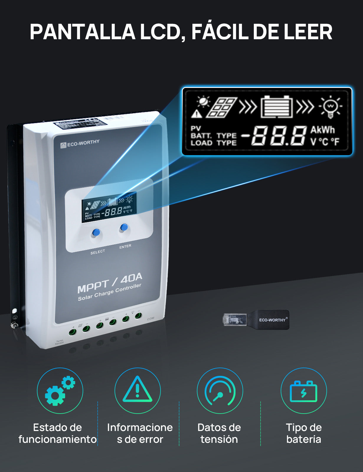 Regulador de Carga MPPT-OLED 12/24V 40A