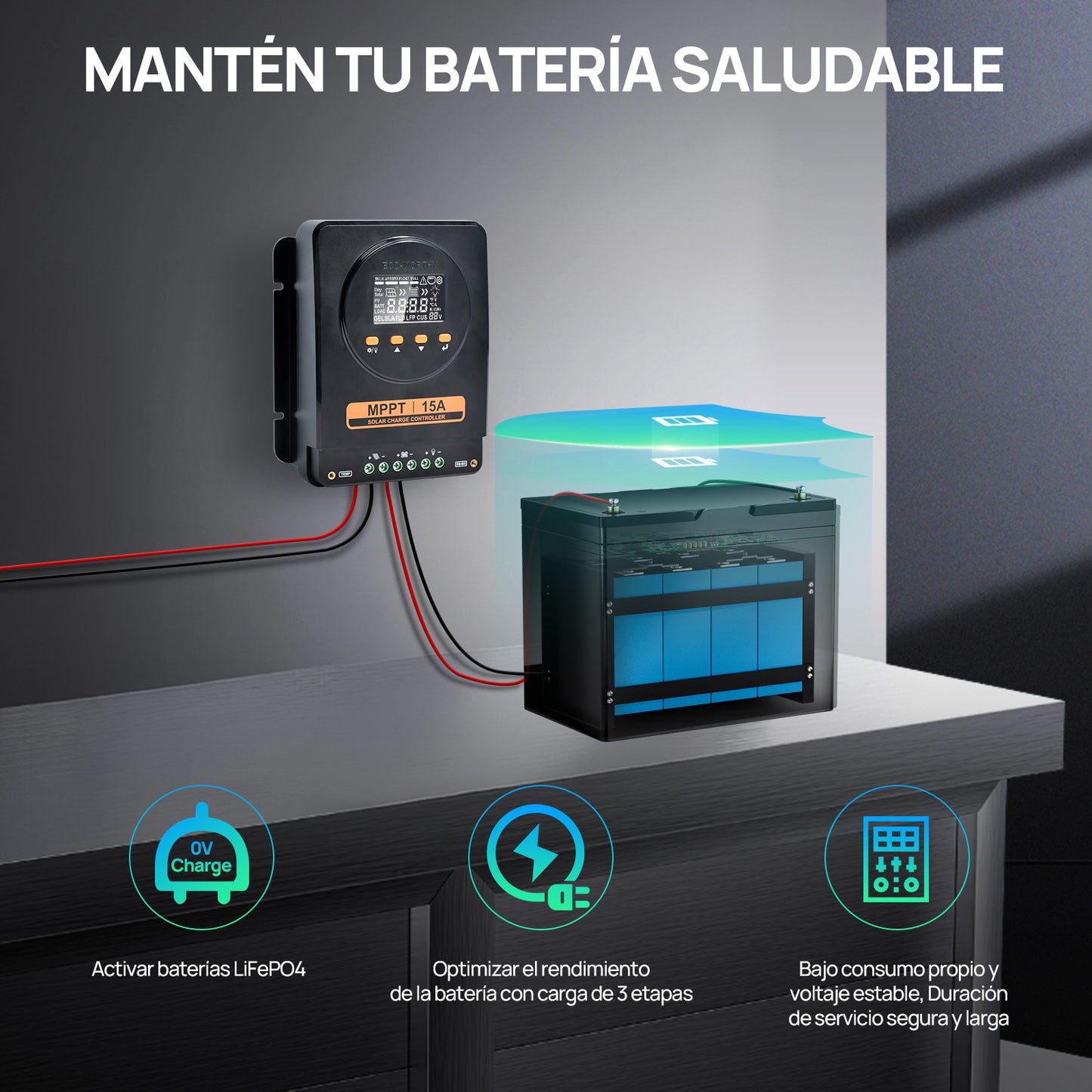 15A 12V/24V Controlador de carga solar MPPT  con pantalla LCD y Bluetooth RS485