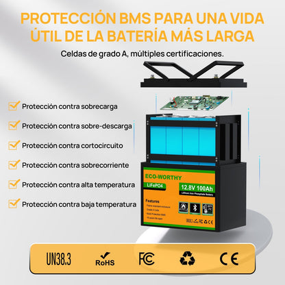 Batería Litio LiFePO4 12V 100Ah con Bluetooth - Batería Litio LiFePO4 12V - eco - worthy - es
