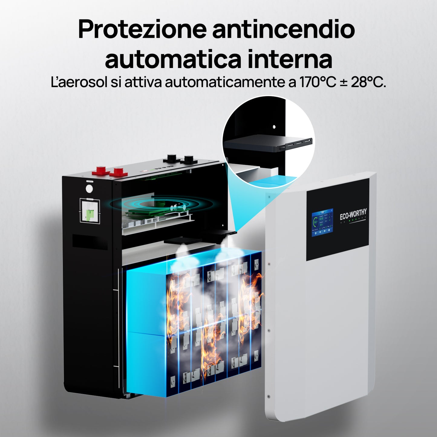 Batería de interior de montaje en pared ECO-WORTHY de 48V 100Ah con caja de conexiones | IEC 62619 | Apta para bajas temperaturas | 10 años de garantía