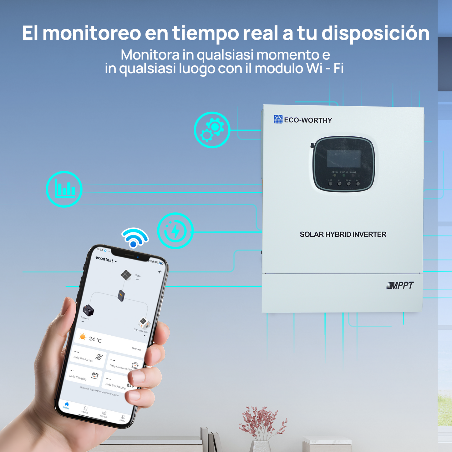 Inversor/cargador solar todo en uno ECO-WORTHY de 48V 3000W | MPPT de 60A, entrada fotovoltaica de 3400W