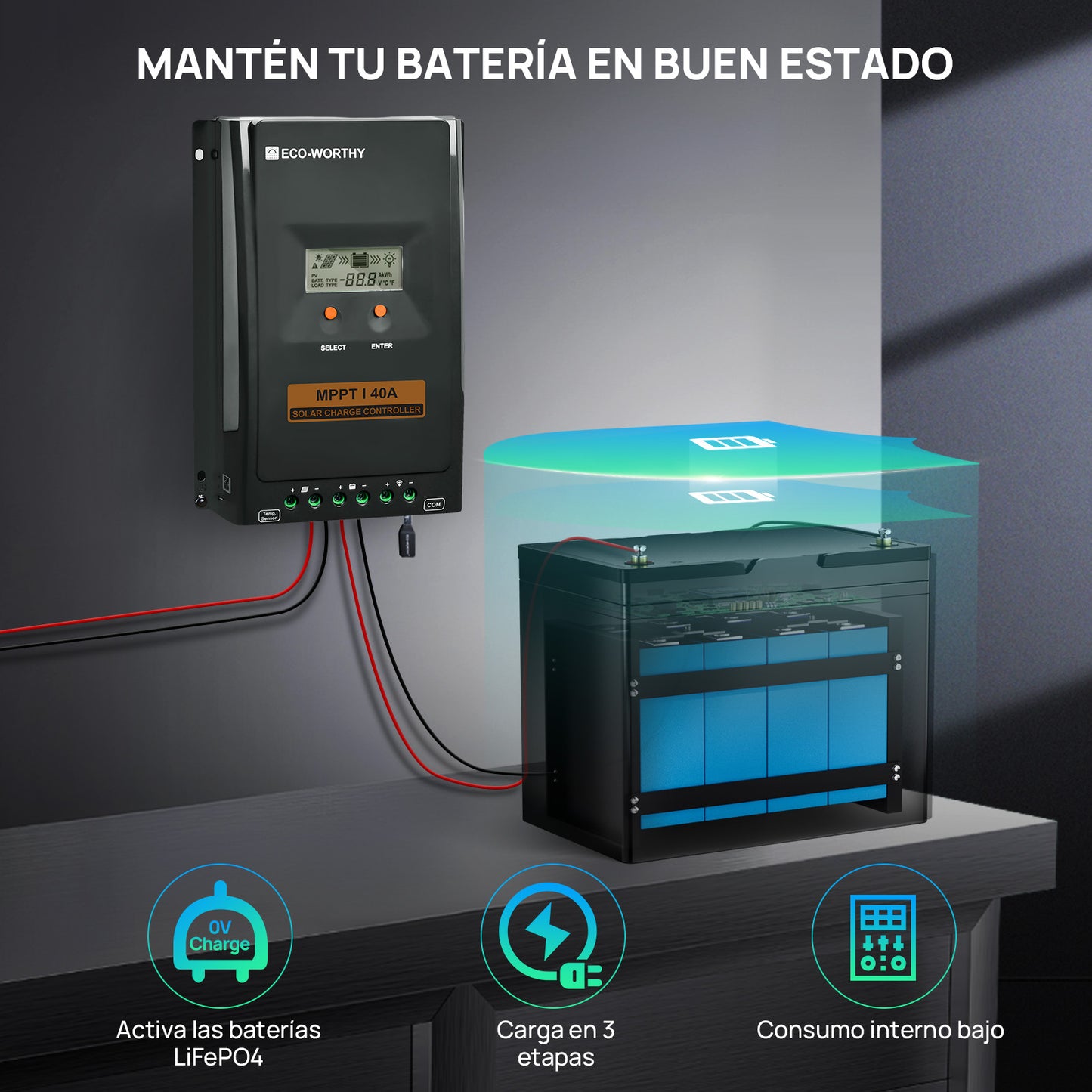 Regulador de Carga MPPT - OLED 12/24V 40A - Regulador de Carga - eco - worthy - es