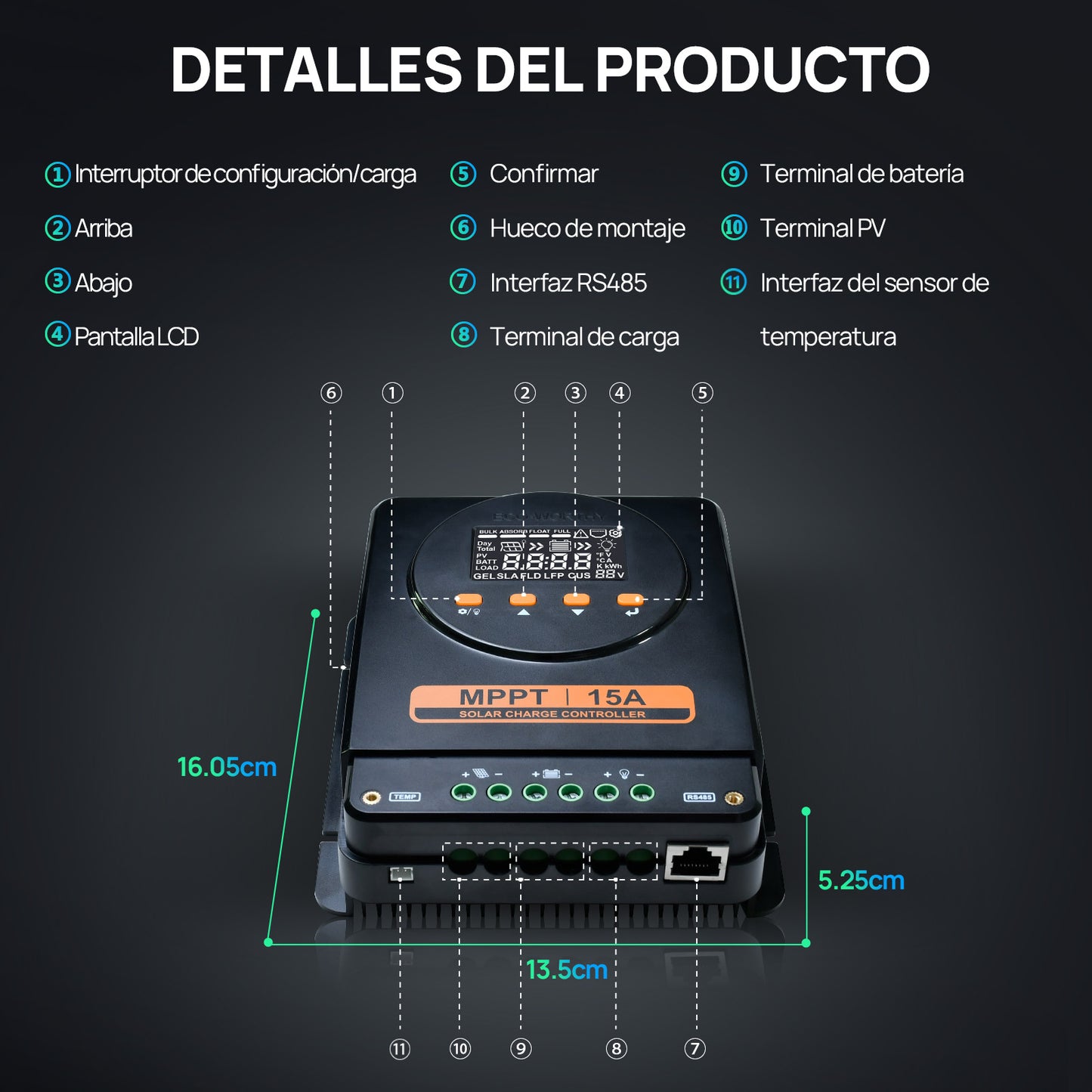 15A 12V/24V Controlador de carga solar MPPT  con pantalla LCD y Bluetooth RS485