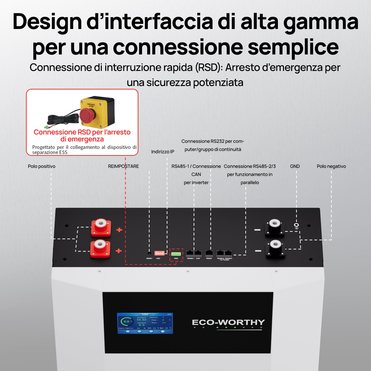 Batería de interior de montaje en pared ECO-WORTHY de 48V 100Ah con caja de conexiones | IEC 62619 | Apta para bajas temperaturas | 10 años de garantía