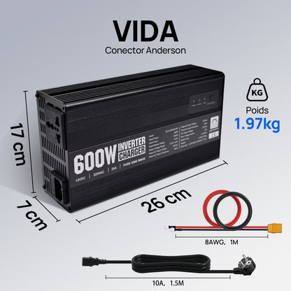 Cargador de batería LiFePO4 de 14,6V y 25A con inversor de 600 W de 12V a 230V para batería - Inversores Solares - eco - worthy - es