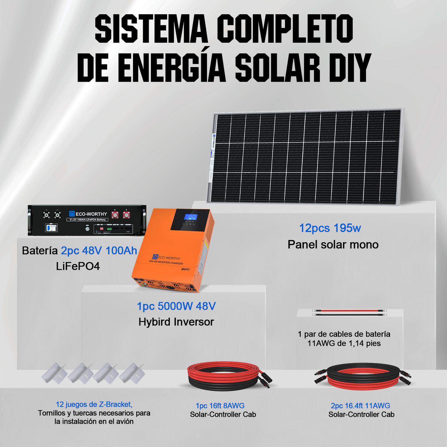 Kit solar MPPT completo para autoconsumo fuera de la red, 48V 2340W(12 x 195W bifaciales)