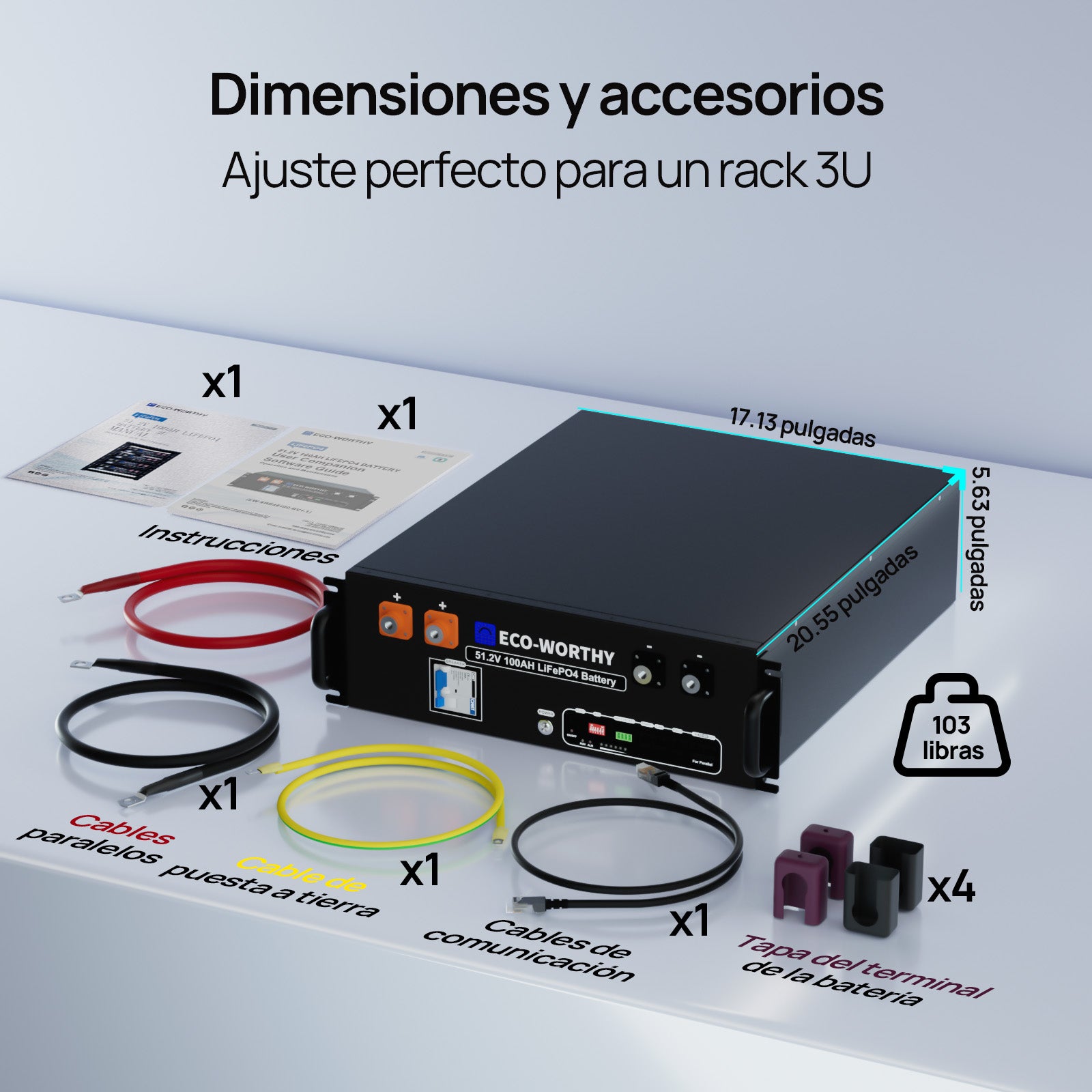 Batería para rack de servidor ECO-WORTHY de 48V(51,2V) 100 Ah LiFePO4, tamaño 3U, con Bluetooth y wifi- Versión 3