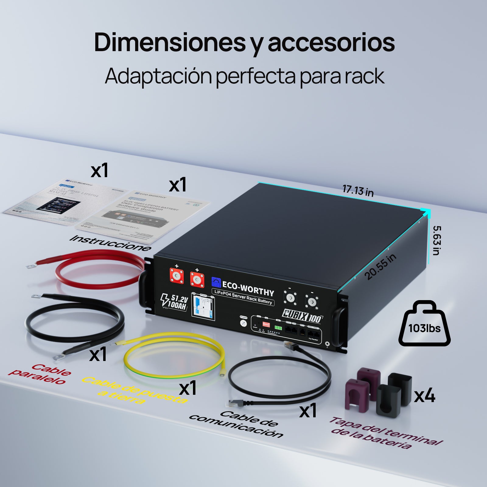 Batería para rack de servidor ECO-WORTHY de 48V(51,2V) 100 Ah LiFePO4, tamaño 3U, con Bluetooth y wifi- Versión 3