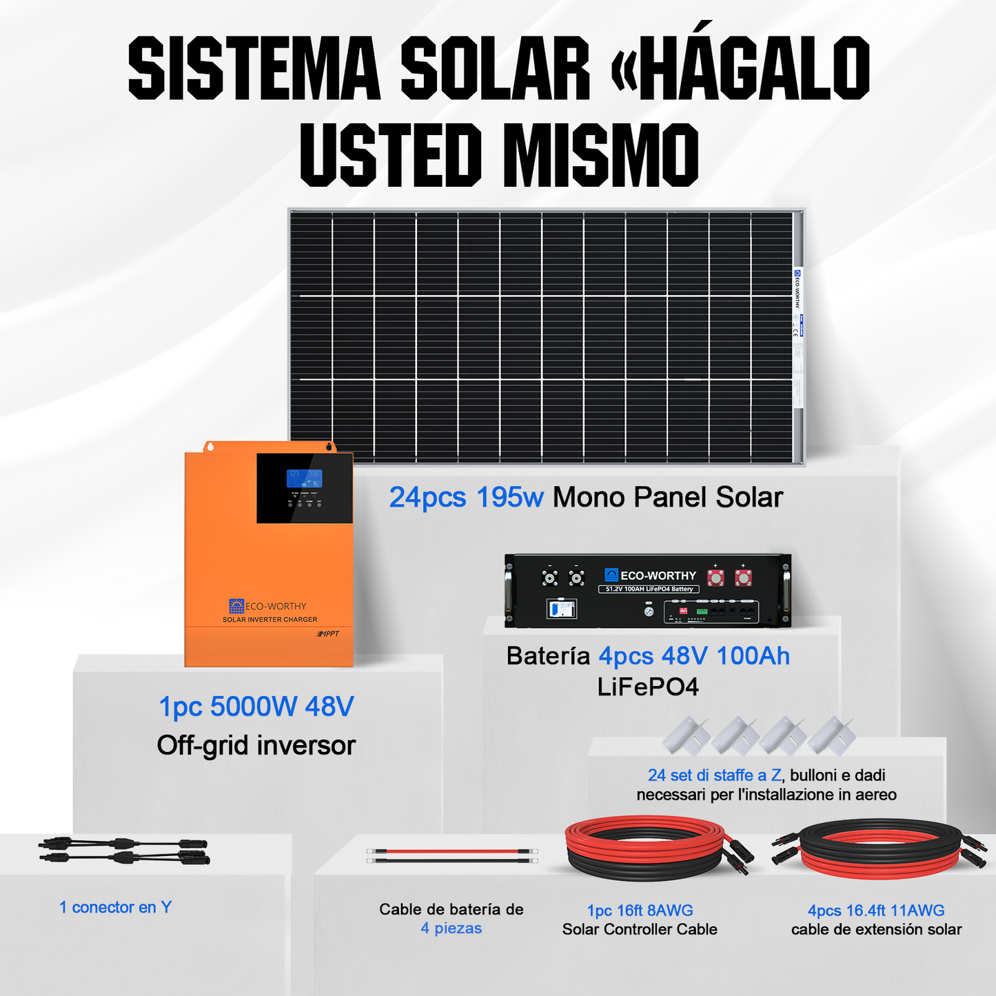 Kit solar MPPT completo para autoconsumo fuera de la red 48V 4680W (24x 195W bifaciales)