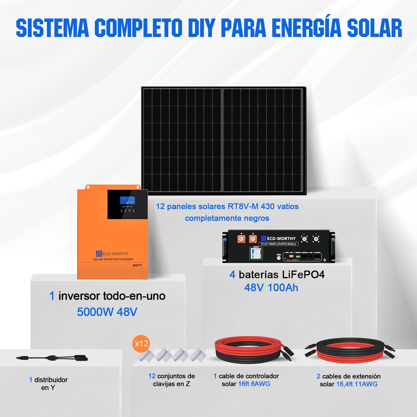 Kit solar MPPT completo para autoconsumo fuera de la red 48V 5160W (12x 430W)