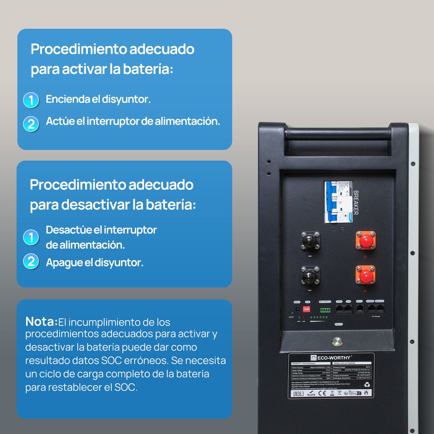 【Preventa】Batería LiFePO4 ECO-WORTHY de 48V 280Ah | Batería solar de respaldo para el hogar | Montaje en pared