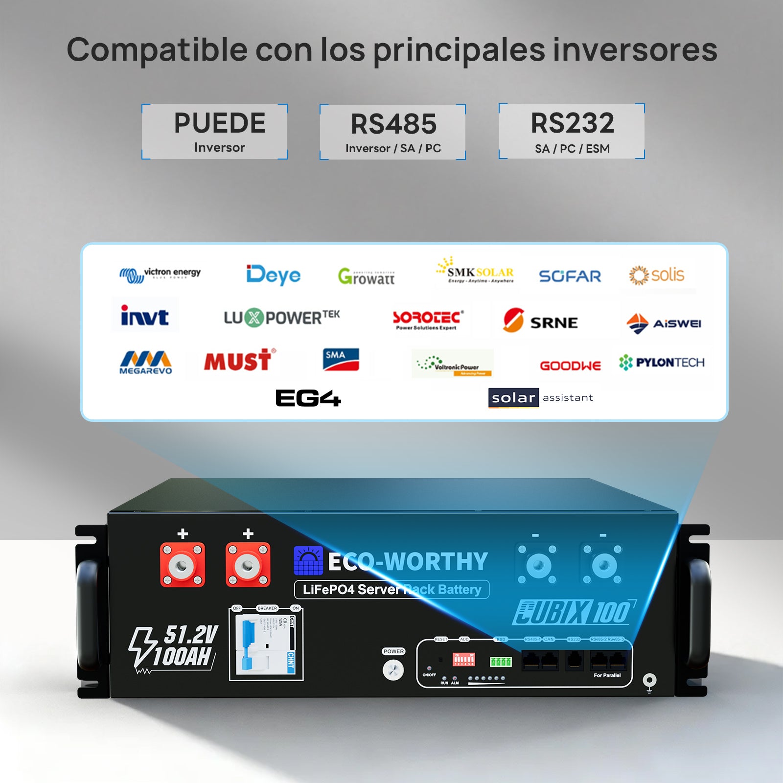 Batería para rack de servidor ECO-WORTHY de 48V(51,2V) 100 Ah LiFePO4, tamaño 3U, con Bluetooth y wifi- Versión 3