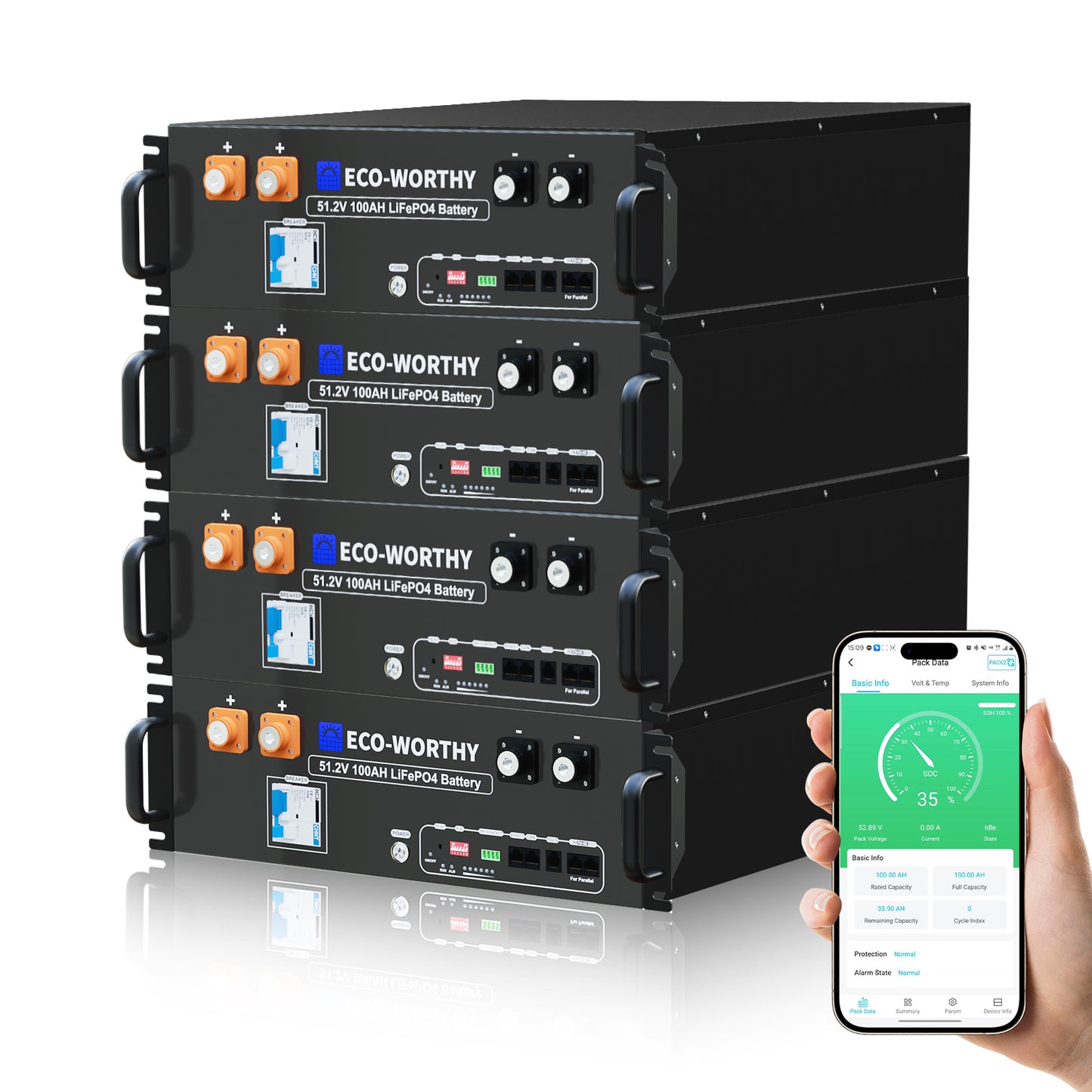 Batería para rack de servidor ECO-WORTHY de 48V(51,2V) 100 Ah LiFePO4, tamaño 3U, con Bluetooth y wifi- Versión 3