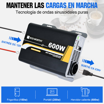Inversor de Onda Sinusoidal Pura de 600W de 12V a 230V para Kits Solares Aislada - Inversores Solares - eco - worthy - es