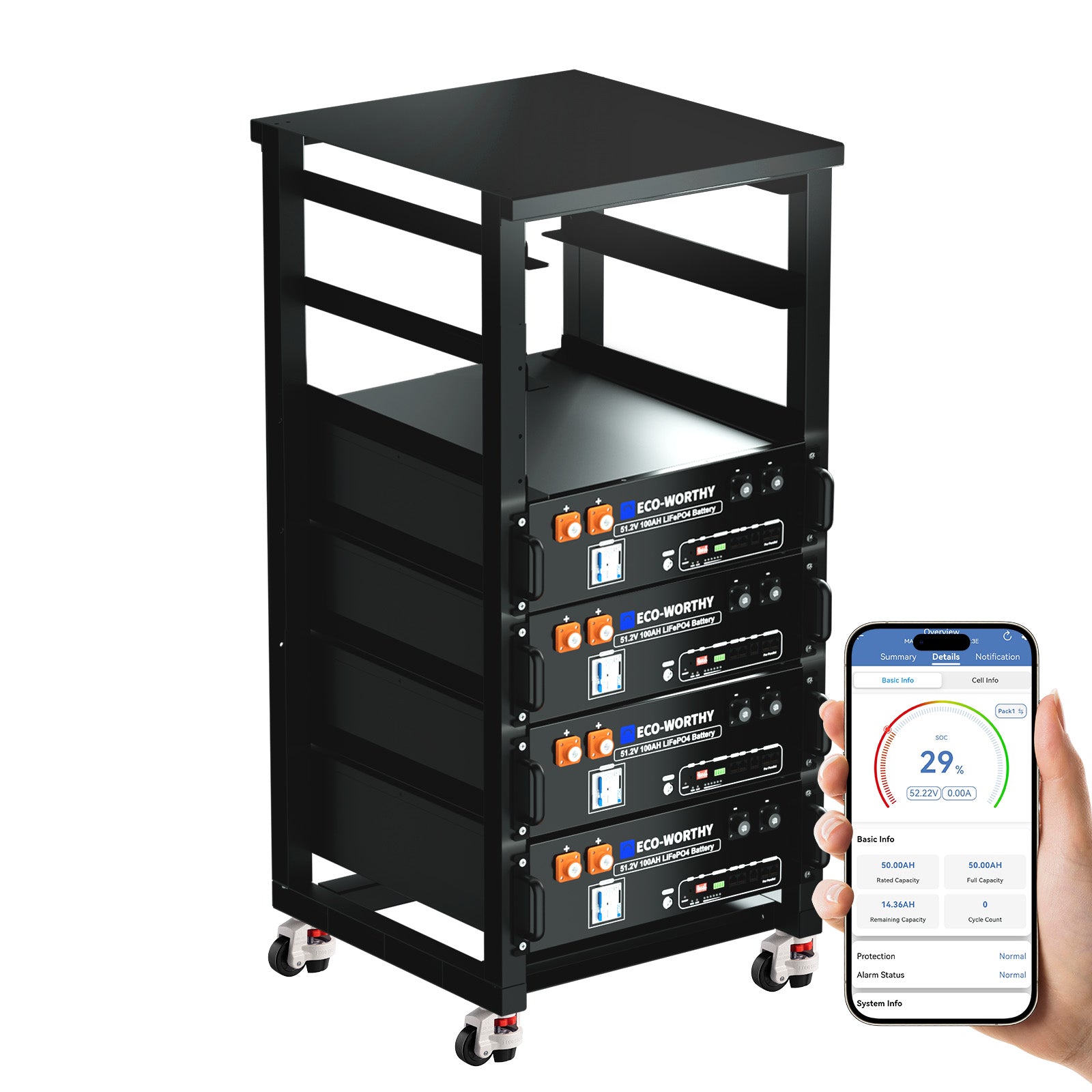 Batería para rack de servidor ECO-WORTHY de 48V(51,2V) 100 Ah LiFePO4, tamaño 3U, con Bluetooth y wifi- Versión 3