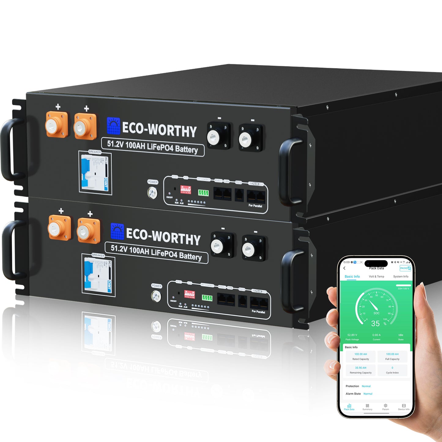 Batería para rack de servidor ECO-WORTHY de 48V(51,2V) 100 Ah LiFePO4, tamaño 3U, con Bluetooth y wifi- Versión 3