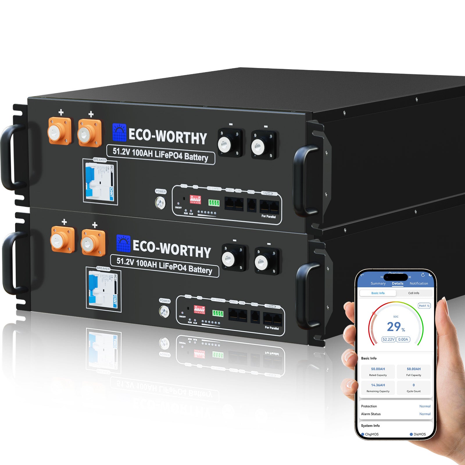 Batería para rack de servidor ECO-WORTHY de 48V(51,2V) 100 Ah LiFePO4, tamaño 3U, con Bluetooth y wifi- Versión 3