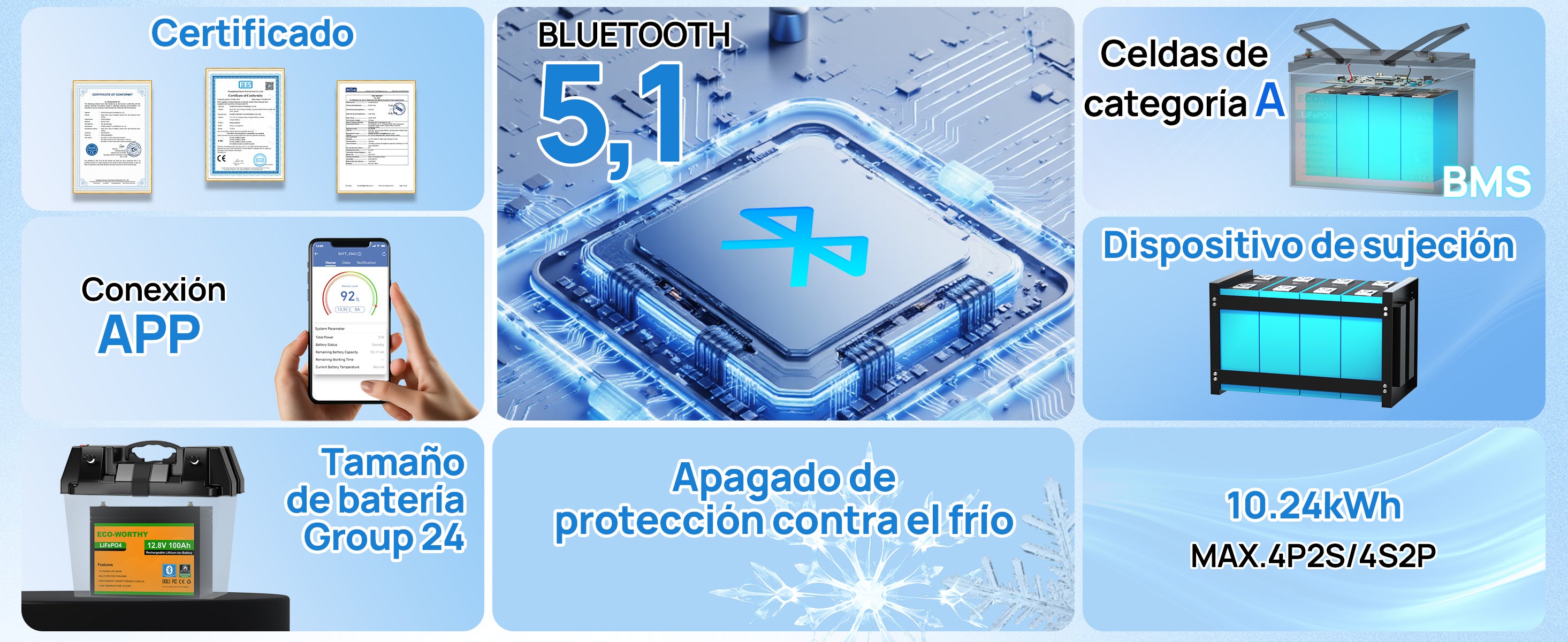 Batería Litio LiFePO4 12V 100Ah con Bluetooth - Batería Litio LiFePO4 12V - eco - worthy - es
