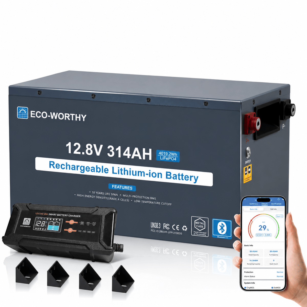 ECO-WORTHY Batería LiFePO4 EnergyRock de 12V 314Ah carcasa metálica con BMS de 200A - Batería Litio LiFePO4 12V - eco-worthy-es
