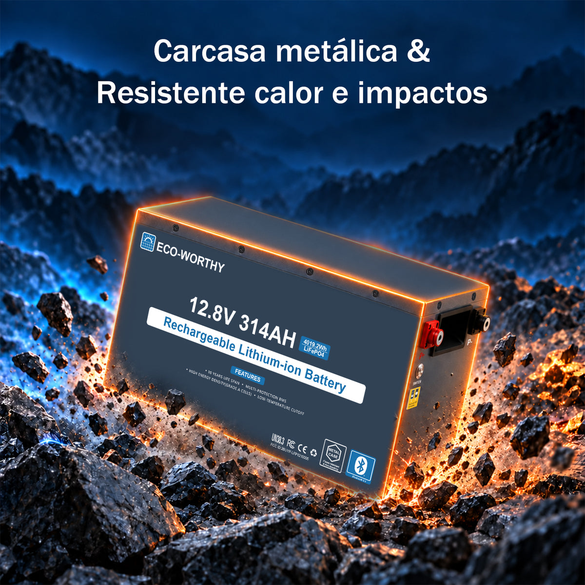 ECO-WORTHY Batería LiFePO4 EnergyRock de 12V 314Ah, carcasa metálica con BMS de 200A