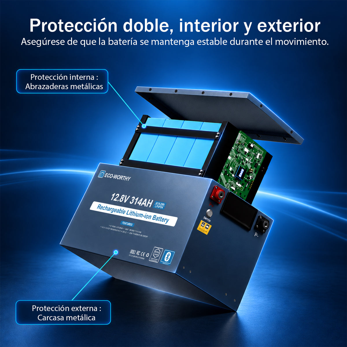 ECO-WORTHY Batería LiFePO4 EnergyRock de 12V 314Ah, carcasa metálica con BMS de 200A
