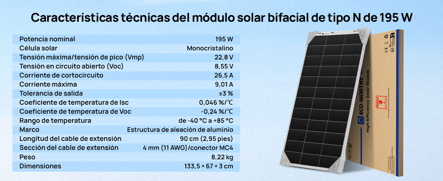 ECO-WORTHY Bifacial 195W 12V Panel Solar Monocristalino 