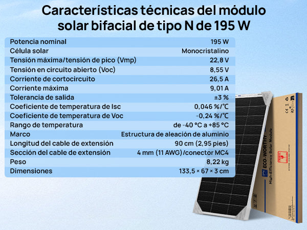 ECO-WORTHY Bifacial 195W 12V Panel Solar Monocristalino 