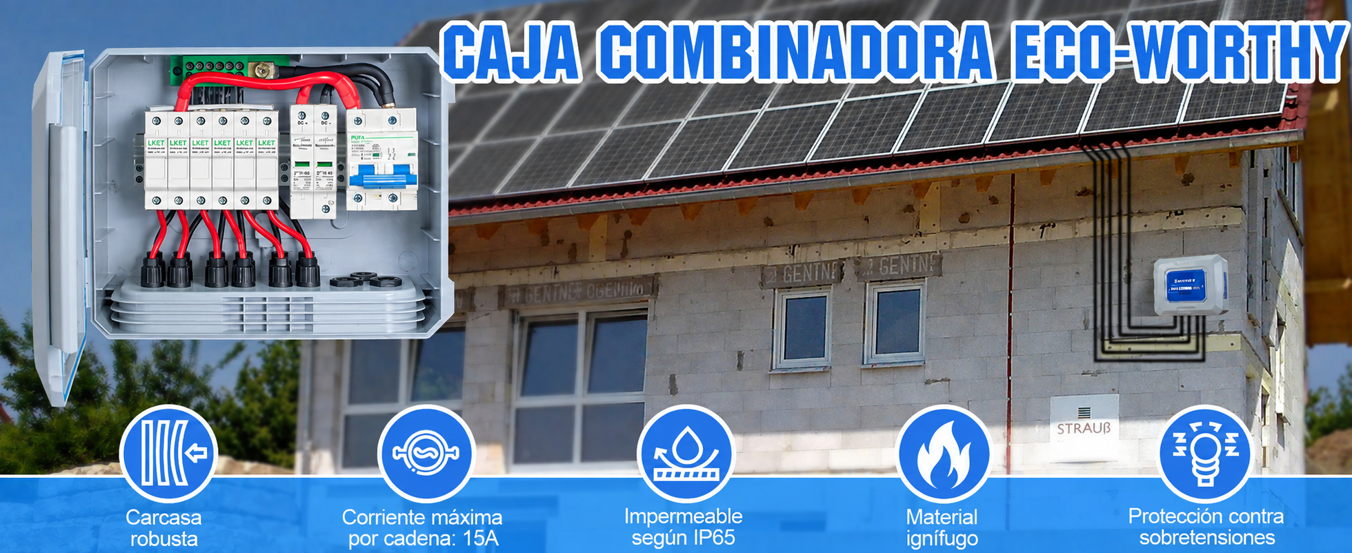 ECO‑WORTHY Caja Combinadora Fotovoltaica 15A IP65 con Protección contra Sobretensiones 12‑48V