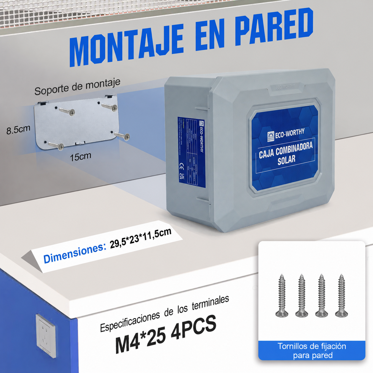 ECO‑WORTHY Caja Combinadora Fotovoltaica 15A IP65 con Protección contra Sobretensiones 12‑48V
