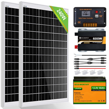 Kit Solar Aislada 120W 240W 12V (1/2x120W) con Inversor 600W+Batería de Litio 0.6kWh - 100W - 1000W Kit Solar Aislada - eco - worthy - es