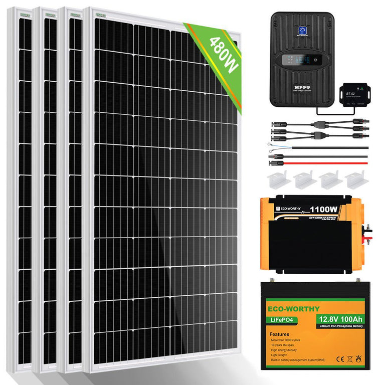 Kit Solar Aislada 480W 12V (4x120W) con Inversor 1.1kW+Batería de Litio 1.2kWh - 100W - 1000W Kit Solar Aislada - eco - worthy - es