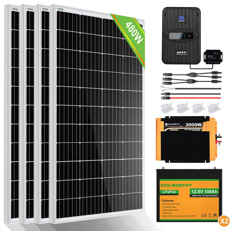 Kit Solar Aislada 480W 12V (4x120W) con Inversor 1.1kW+Batería de Litio 1.2kWh - 100W - 1000W Kit Solar Aislada - eco - worthy - es