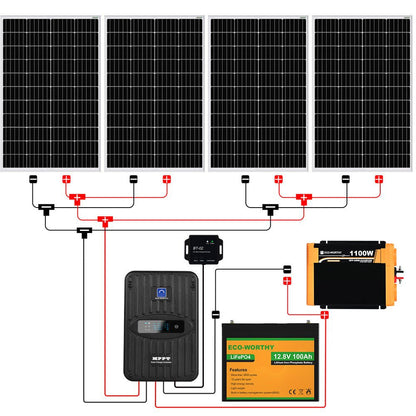 Kit Solar Aislada 480W 12V (4x120W) con Inversor 1.1kW+Batería de Litio 1.2kWh - 100W - 1000W Kit Solar Aislada - eco - worthy - es