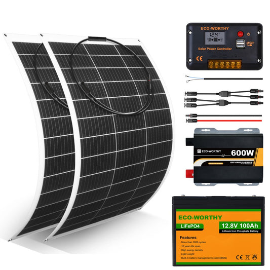  ECO-WORTHY Kit completo de energía solar de 4.8 KWH 1200 W 24 V  con batería de litio e inversor para el hogar: 6 piezas de panel solar de  195 W +