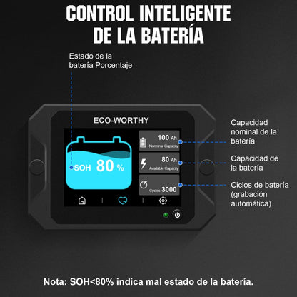 Monitor de batería con 3.5" pantalla táctil de 300A con sensor Hall para baterías AGM y de litio (LiFePO4) - Monitor de batería - eco - worthy - es