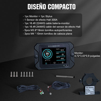 Monitor de batería con 3.5" pantalla táctil de 300A con sensor Hall para baterías AGM y de litio (LiFePO4) - Monitor de batería - eco - worthy - es