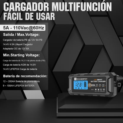 Cargador de batería inteligente automático de 5A y 10A 12V con pantalla LCD para baterías de litio (LiFePO4) - Cargador de batería - eco - worthy - es
