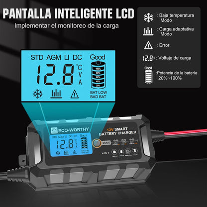 Cargador de batería inteligente automático de 5A y 10A 12V con pantalla LCD para baterías de litio (LiFePO4) - Cargador de batería - eco - worthy - es