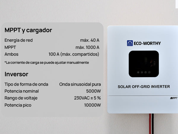 Inversor híbrido solar todo‑en‑uno 5000W 48V onda senoidal pura MPPT, compatible batería litio y plomo ácido, ampliable hasta 6 unidades en paralelo, sistema fuera de red