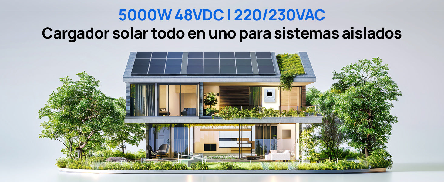 Inversor híbrido solar todo‑en‑uno 5000W 48V onda senoidal pura MPPT, compatible batería litio y plomo ácido, ampliable hasta 6 unidades en paralelo, sistema fuera de red