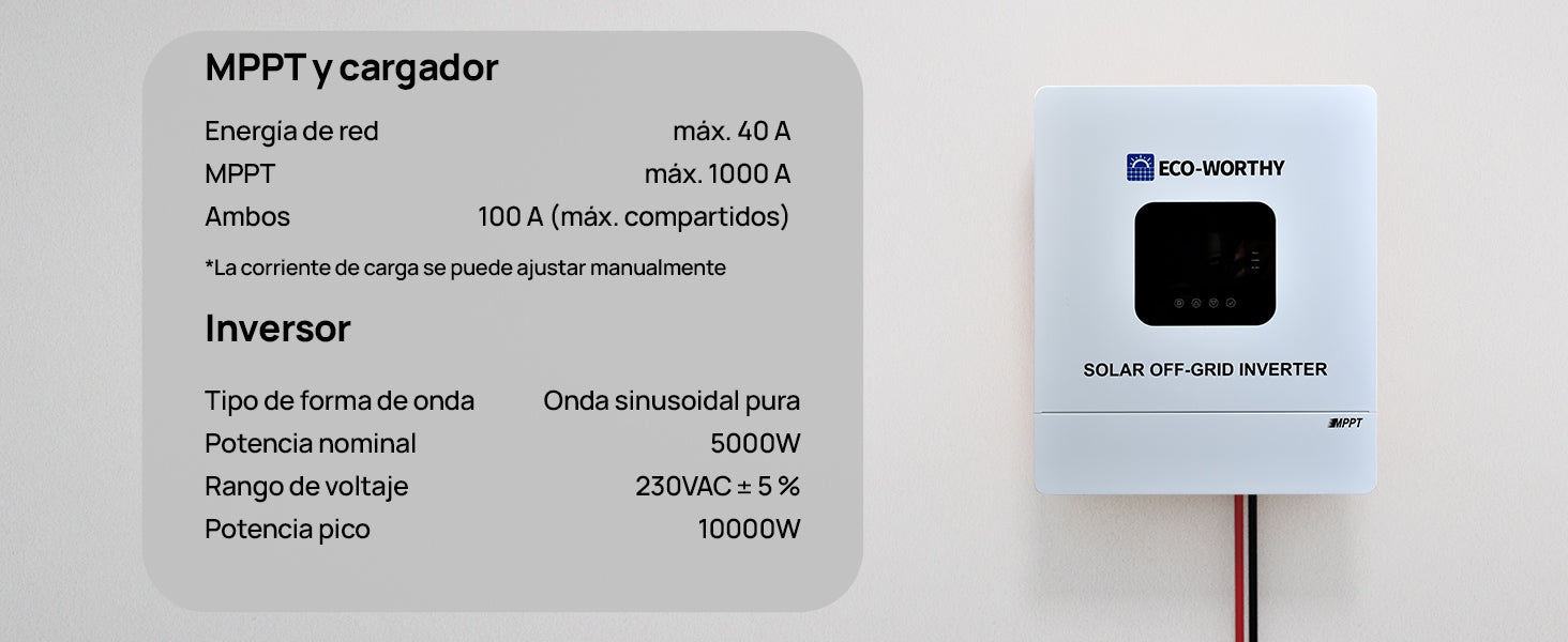 Inversor híbrido solar todo‑en‑uno 5000W 48V onda senoidal pura MPPT, compatible batería litio y plomo ácido, ampliable hasta 6 unidades en paralelo, sistema fuera de red