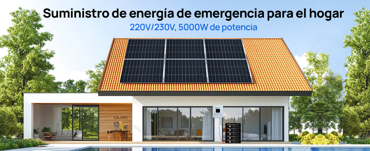 Inversor híbrido solar todo‑en‑uno 5000W 48V onda senoidal pura MPPT, compatible batería litio y plomo ácido, ampliable hasta 6 unidades en paralelo, sistema fuera de red