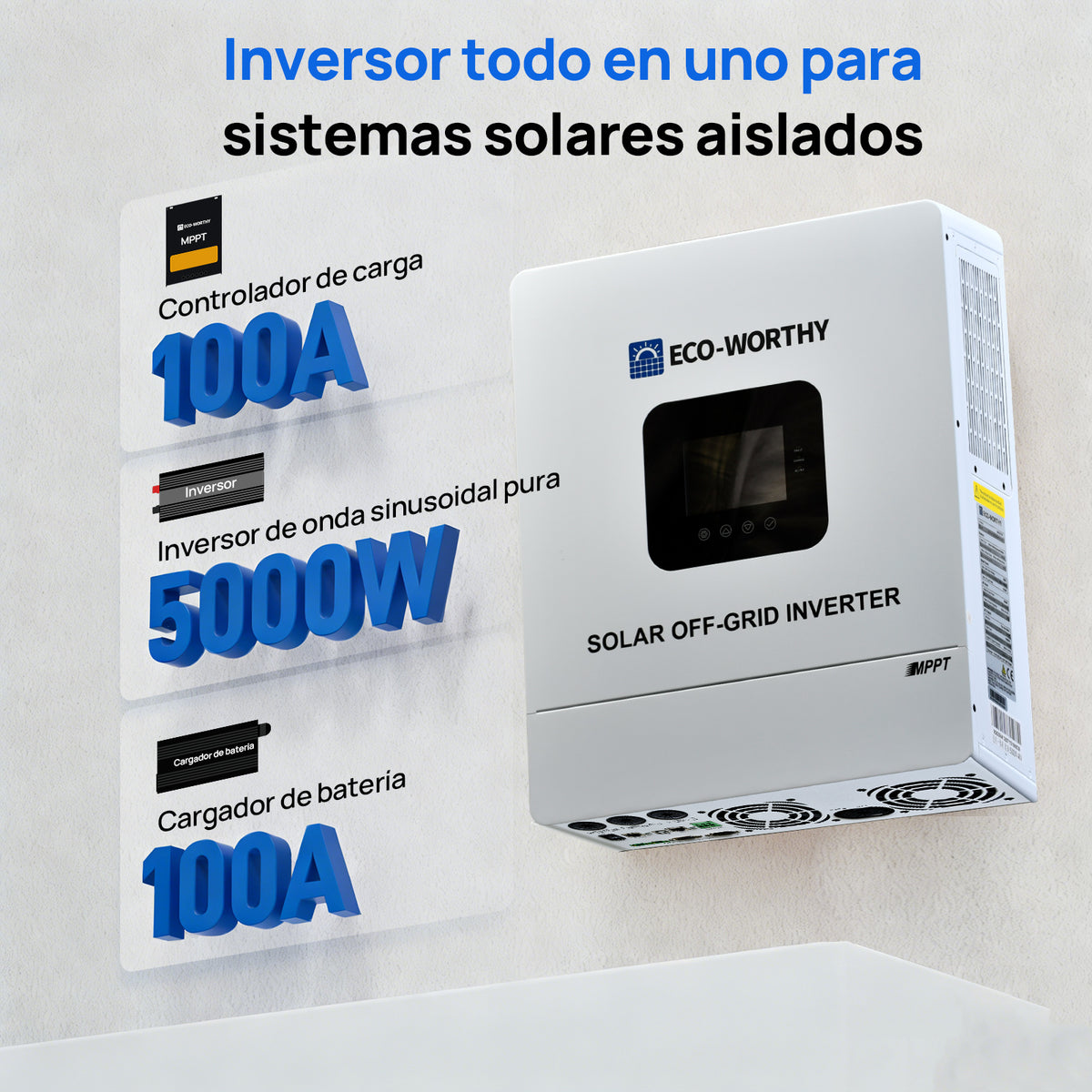 Inversor Híbrido Solar Todo‑en‑Uno 5000W 48V Onda Senoidal Pura MPPT 99,9% - Inversores Solares - eco-worthy-es