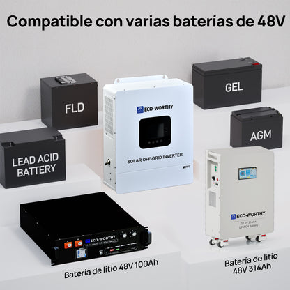 Inversor Híbrido Solar Todo‑en‑Uno 5000W 48V Onda Senoidal Pura MPPT 99,9% - Inversores Solares - eco-worthy-es