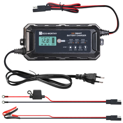 Cargador de batería inteligente automático de 5A y 12V con pantalla LCD para baterías de plomo ácido y litio (LiFePO4) | ECO-WORTHY