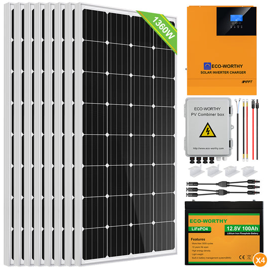 ECO-WORTHY Kit completo de energía solar de 4.8 KWH 1200 W 24 V con batería  de litio e inversor para el hogar: 6 piezas de panel solar de 195 W + 1