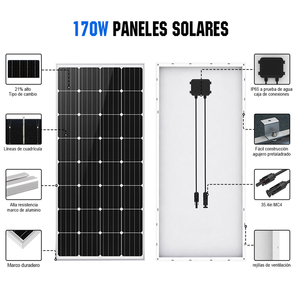 Kit Solar Aislada 1700W 24V (10x170W) con Inversor 3kW+Batería de Litio 4.8kWh