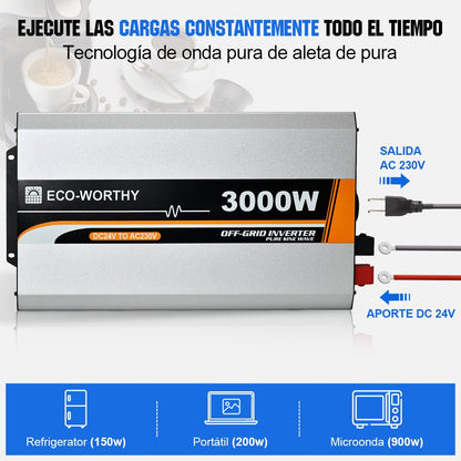 Inversor de Onda Sinusoidal Pura de 3000W de 24V a 230V para Kits Solares Aislada - Inversores Solares - eco - worthy - es