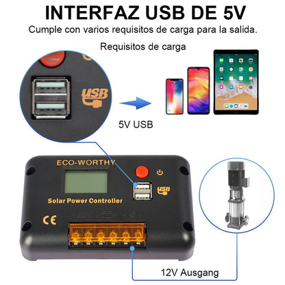 Regulador de Carga PWM - LCD & USB 12/24V 30A - Regulador de Carga - eco - worthy - es